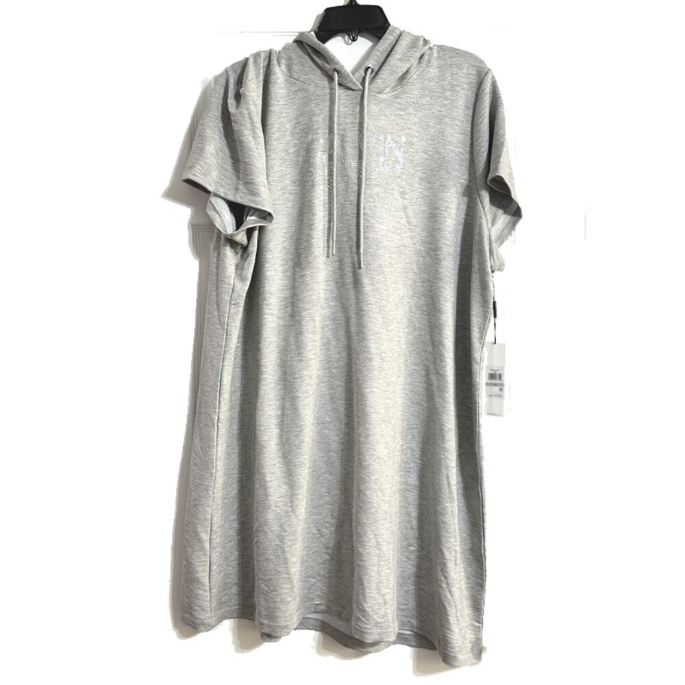 Calvin Klein Rhinestone Logo French Terry Short Sleeve Hooded Sweatshirt Dress
